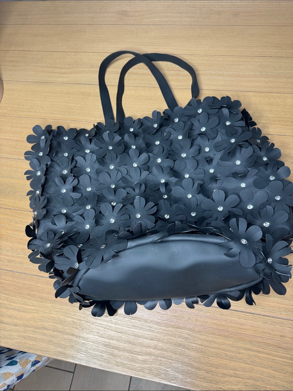 Jackie Kamanos Black 3D Floral Rhinestone Statement Tote Bag
